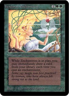 《新緑の女魔術師/Verduran Enchantress》[LEA] 緑R