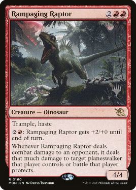 (160)■プロモスタンプ付■《猛り狂う猛竜/Rampaging Raptor》[Pスタンプ_MOM] 赤R